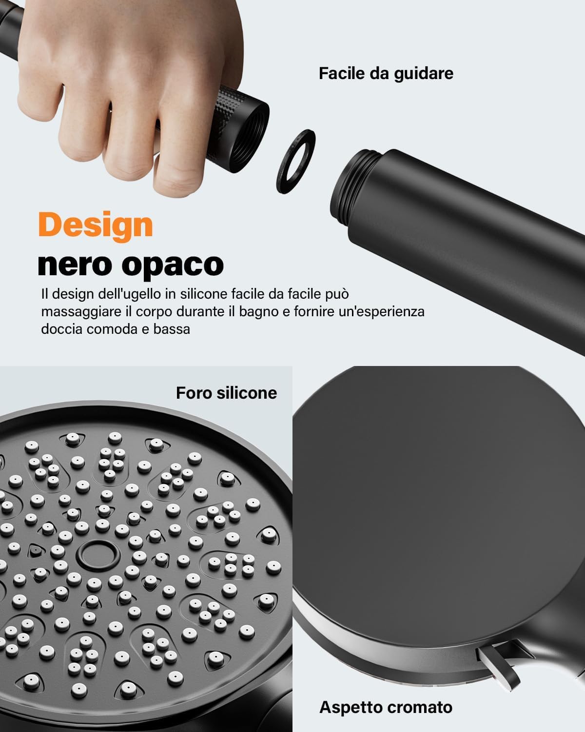 Cobbe Soffione Doccia con Filtro Anticalcare, Doccino per Doccia con Turbo 1,5M, Soffione Doccia Alta Pressione con 6 Tipi di Getto, Grande Potente Soffione con Filtrazione a 20 Strati (Nero)
