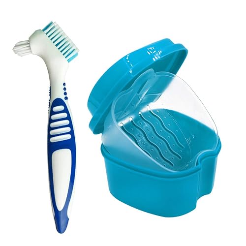 Caja de dentadura con cepillo, taza de dientes falsos portátil de viaje con colador, contenedor de baño para dentadura para un cuidado completo de