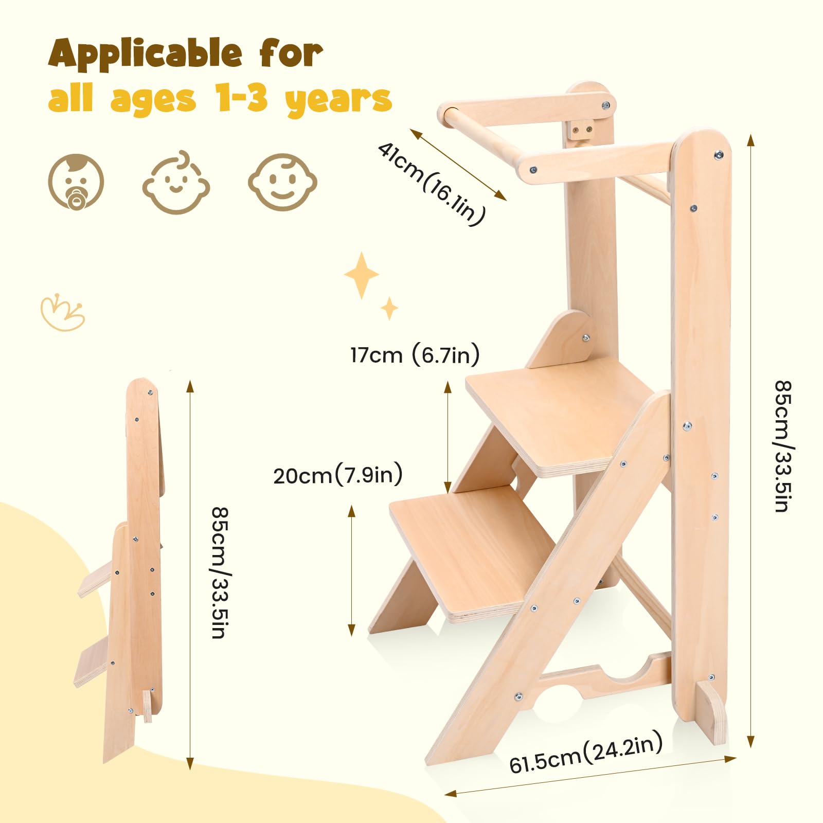 Torre de Aprendizaje Plegable, Torre de observación para niños de 1 a 5 años, Aprendizaje Montessori, ayudante de Cocina de Madera Natural, Segura y fácil de Montar (Capacidad de 50 kg)