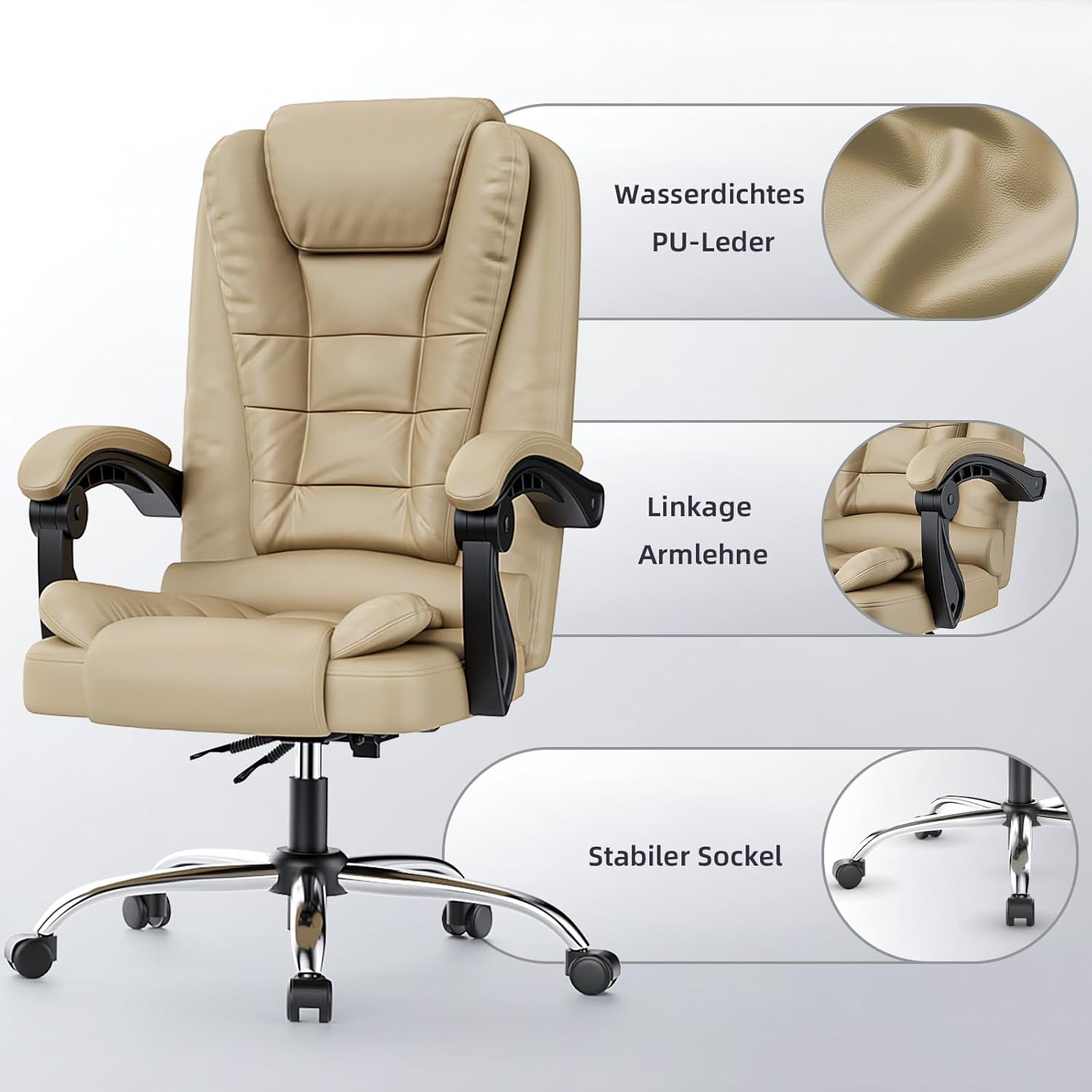 rattantree Bürostuhl Chefsessel Ergonomisch, PU-Leder Bürosessel Khaki | Chefsessel 150kg Hochlehner mit Federkern-Sitz, Höhenverstellbarer Drehstuhl mit Wippfunktion, Gepolsterte Armlehnen