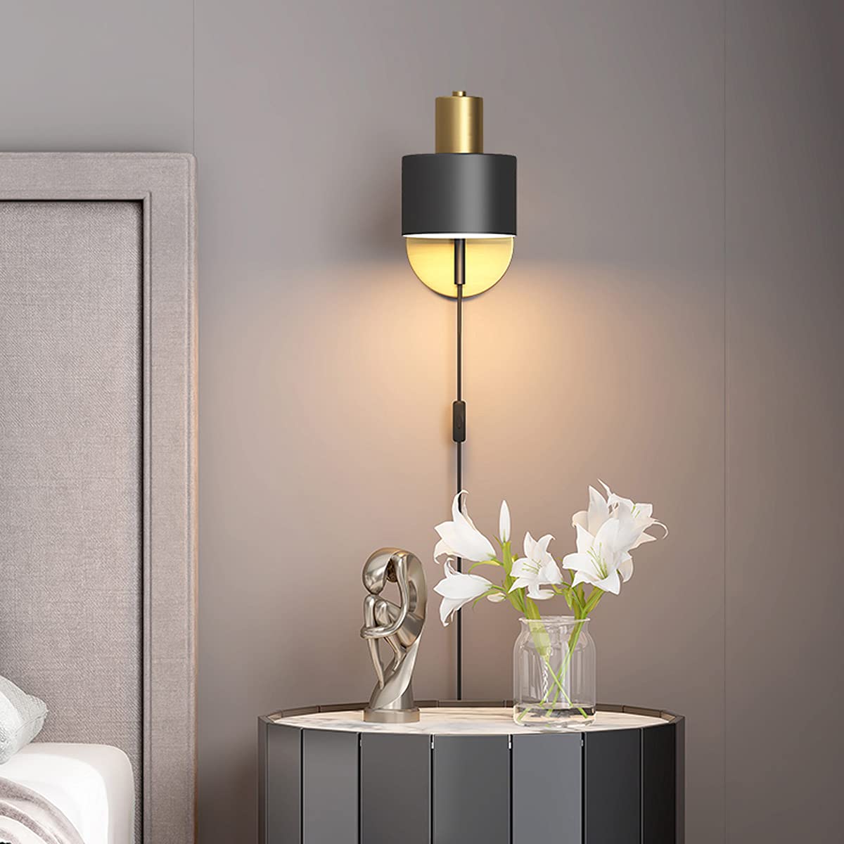 Czarno-złota lampa ścienna LED retro/vintage regulowana przemysłowa metalowa lampa ścienna z wtyczką i włącznikiem/wyłącznikiem, lampka do czytania, oprawa ścienna E27 do sypialni salonu