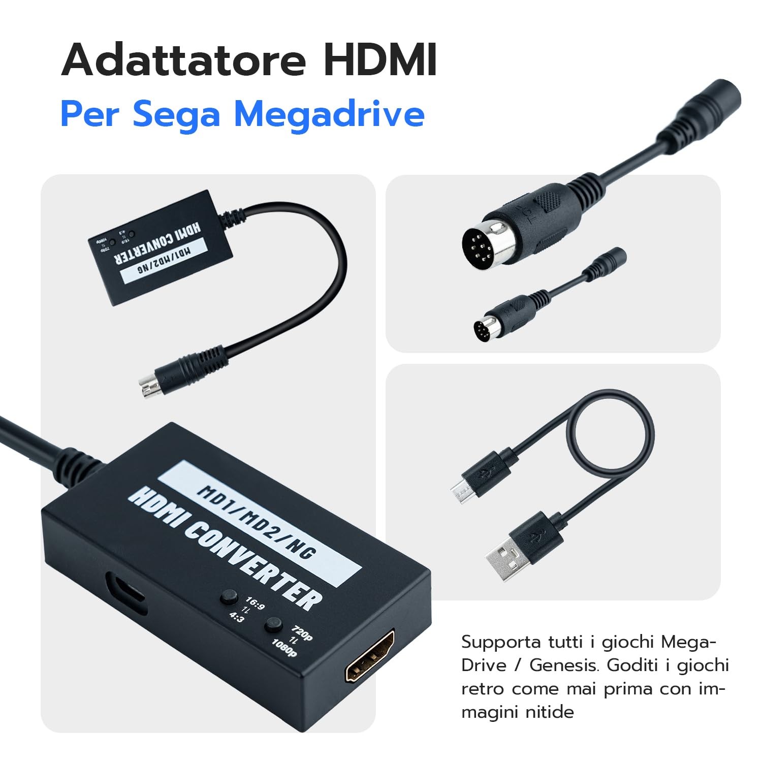 Mcbazel Adattatore HDMI Seamless per Mega Drive/NEOGEO per HDTV, Convertitore Video Multifunzionale 4:3/16:9, 720P/1080P per Mega Drive 1/Mega Drive 2/NEOGEO