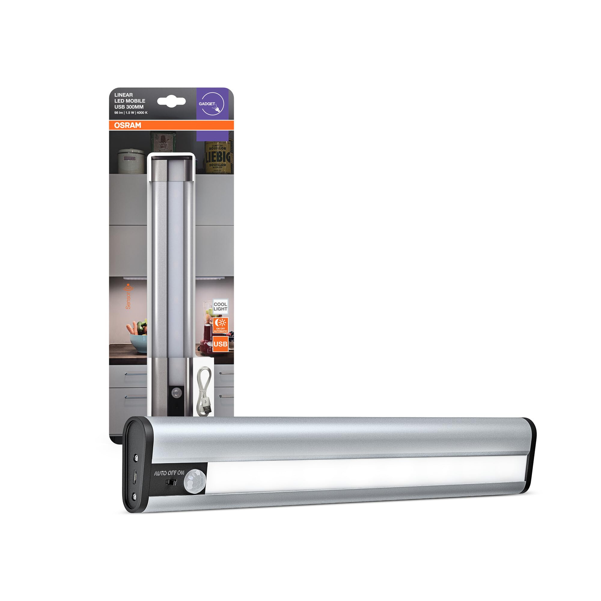 OSRAM Lámpara LED LinearLED Mobile USB 300 para debajo de muebles, recargable, con sensor de movimiento, aluminio, IP20, 300 x 50 x 22 mm, batería USB.