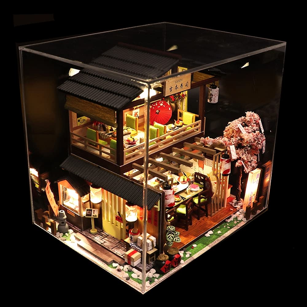 Kit fai da te in miniatura per casa delle bambole con scatola antipolvere e carillon, negozio di sushi giapponese, mobili per casa delle bambole 3D in legno, puzzle creativo, regalo di compleanno per
