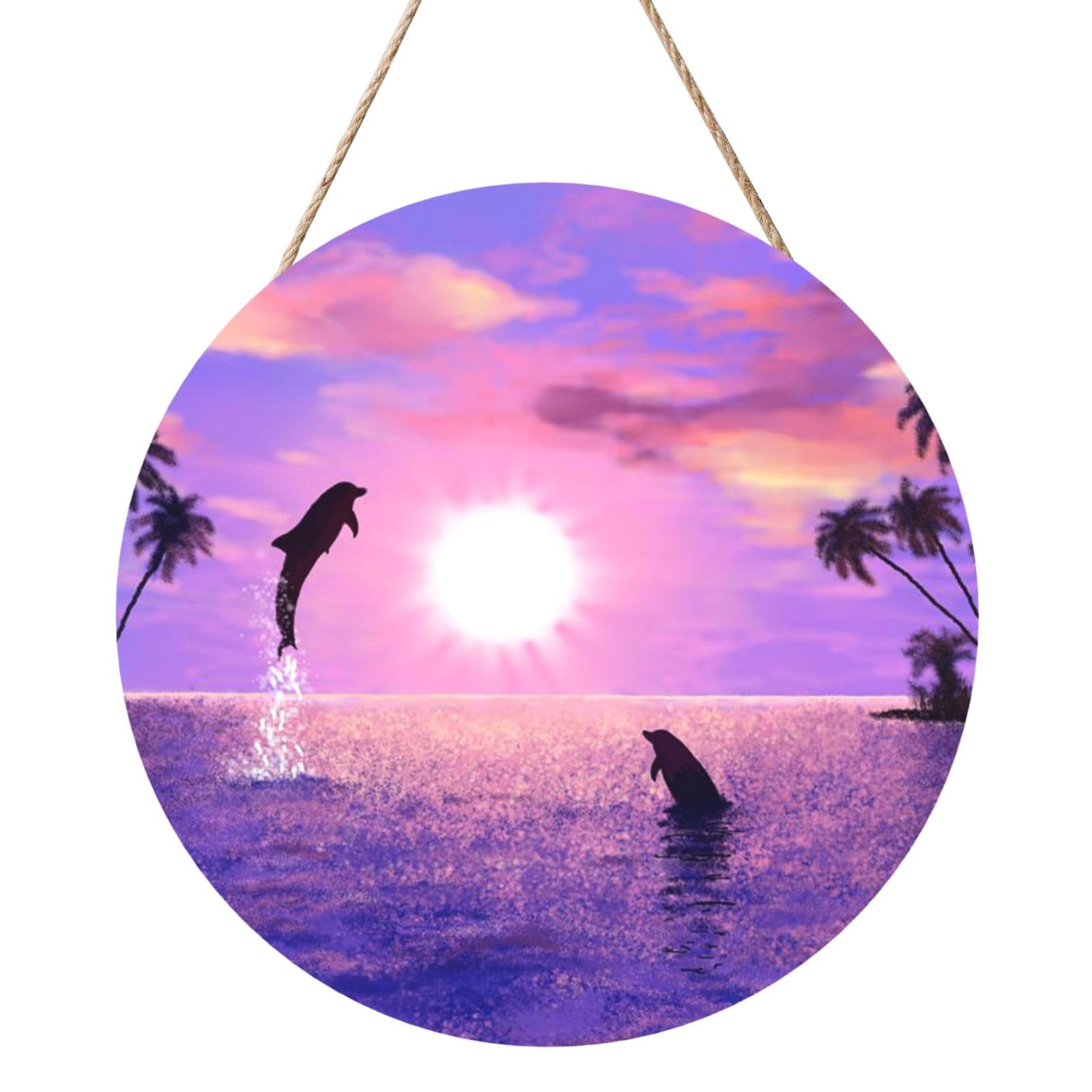 InOmak Sunset Dolphins, Round Wood Panel Painting 12 in, Wall Hanging Painting For Home