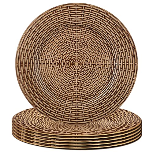 Gifturbo Faux Rattan Rustic Charger Plates, 13' Elegant Round Chargers for Dinner Plates, Plastic Floral Plate Chargers for Wedding,Party,Event,Decoration,Set of 6