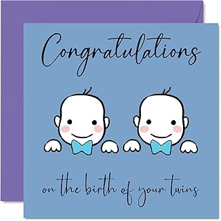 New Baby Card Twins - Boy/Boy - Congratulations Baby Cards Newborn, Well Done Congrats New Baby Cards, Welcome To The World Home Gifts, 145mm x 145mm Baby Greeting Cards for Parents