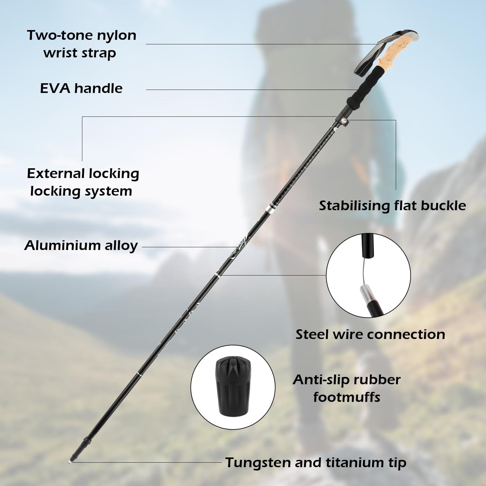 Bastoni Trekking, Bastoni Trekking Bastoncini da Trekking Pieghevoli e Antiurto 110-130cm in Alluminio Impugnatura in Eva per Donna e Uomo per Escursioni 1 Paio