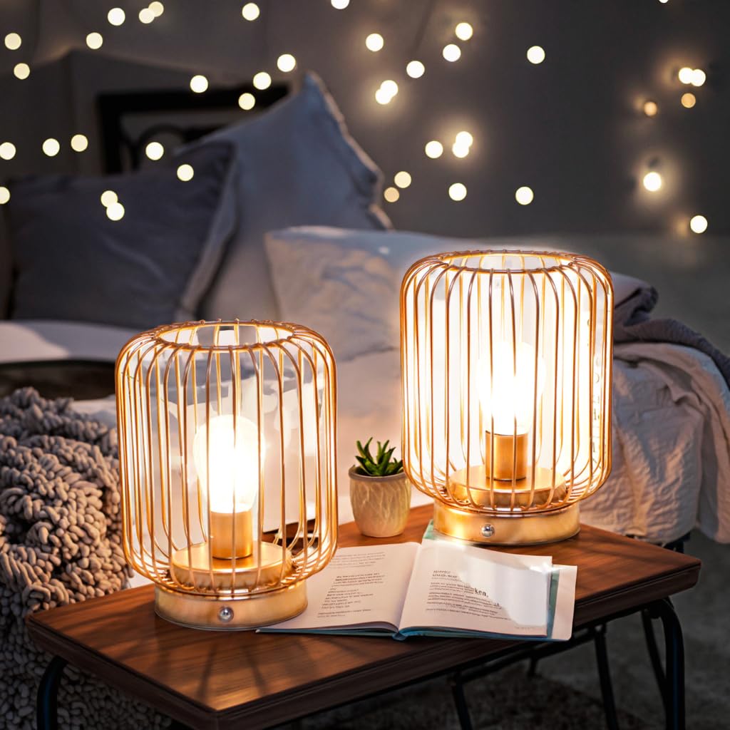 TRIROCKS Set de 2 Lámparas de Mesa Metálicas a Batería 17 cm Altas, Faroles Recargables Sin Cable con Forma de Jaula, Luces LED Regulables para Dormitorios, Oficina, Bodas y Exterior