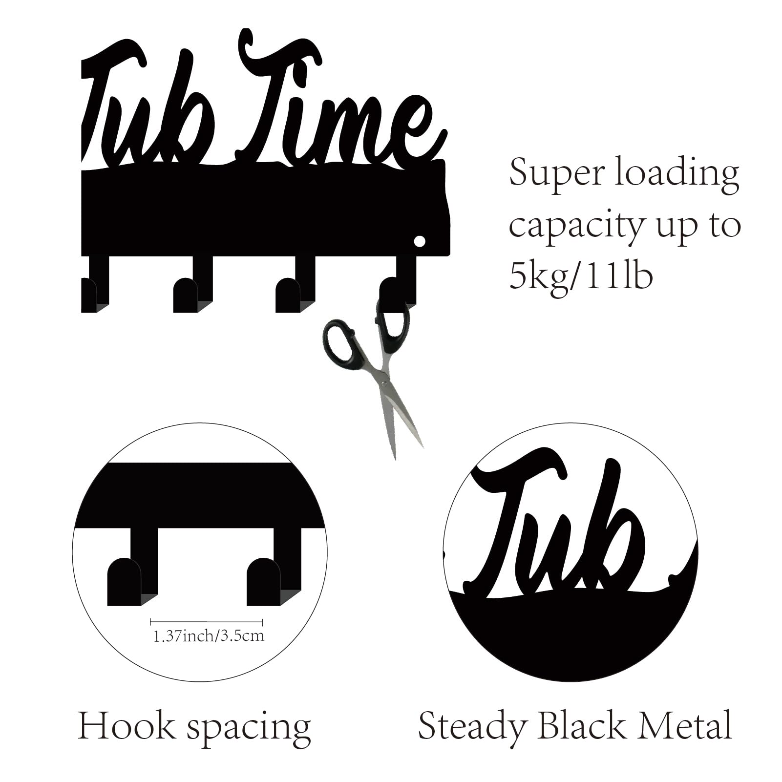 CREATCABIN Hot Tub Time Towel Rack Bathroom Towel Hooks Hanger Black Waterproof Metal Towel Holder Organizer with 6 Hooks Wall Mounted for Robes Clothes Swim Bathroom Space Saving Decor 10.6 x 5 Inch - Image 3