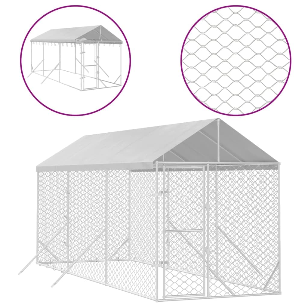 Zewnętrzny buda dla psów z dachem, 2 x 6 x 2,5 m, ocynkowana stal, wytrzymały kojec dla psów, szczeniaków i zwierząt domowych, srebrny