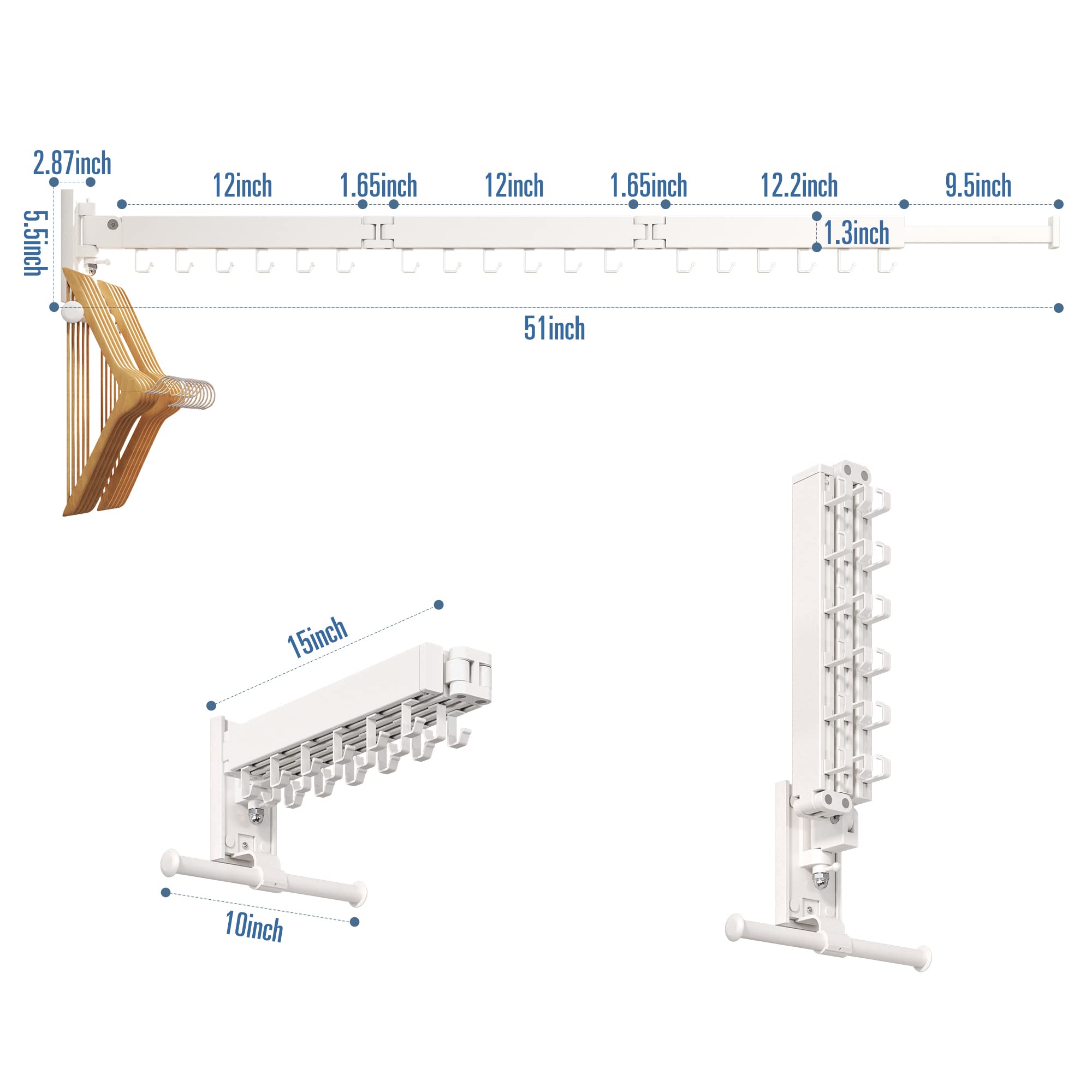 LIENAHU Drying Rack, Wall Mounted Clothes Rack, Aluminum, 220lbs Capacity, Foldable, White, Hooks,White-Upgrade - Image 3