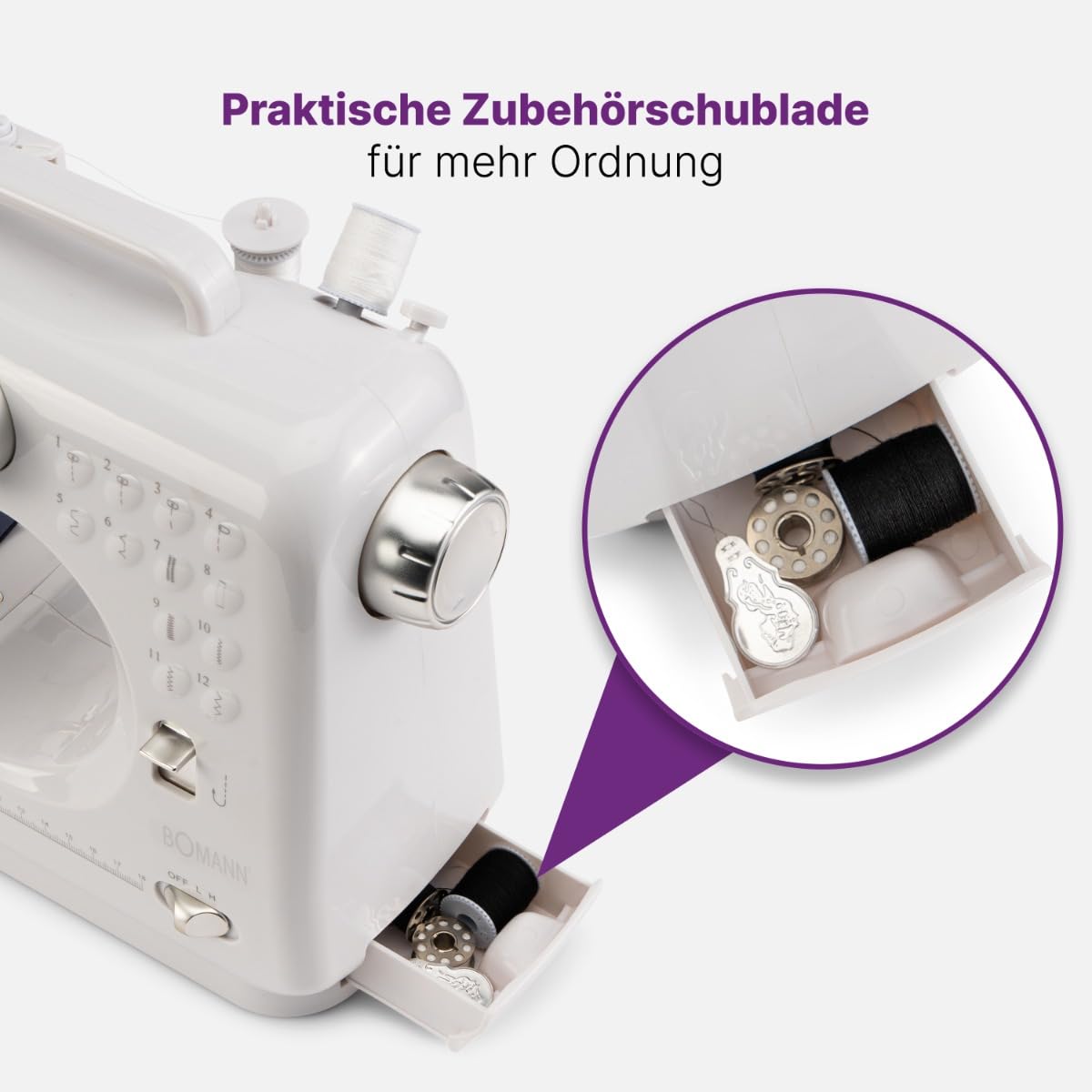 Bomann® Nähmaschine für Anfänger mit 12 Stichmustern | Sewing Machine mit Vor- u. Rückwärtsnähfunktion & 2 Geschwindigkeitsstufen | mit Batterie- oder Netzbetrieb & blendfreiem LED-Licht | NM 6063 CB