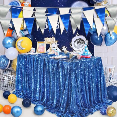 Image of 130FT Navy Blue White Silver Triangle Pennant Banner Flag Metallic Fabric Bunting Garland for Christmas Graduation Birthday Wedding Bridal Shower Nautical Ahoy Achor Theme Party Decorations Supplies