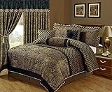 HNU Luxurious 7 Piece Traditional Jacquard Floral Embroidered Black and Gold Comforter Set Cal King,...