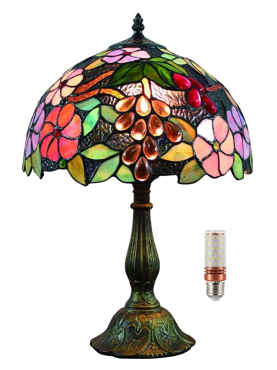 Five Liters 12Inch Vintage Pastoral Gorgeous Grapes Flowers Stained Glass Tiffany Style Table Lamp Bedroom Lamp Bedside Lamp Children's Lamp(Color:12inch)