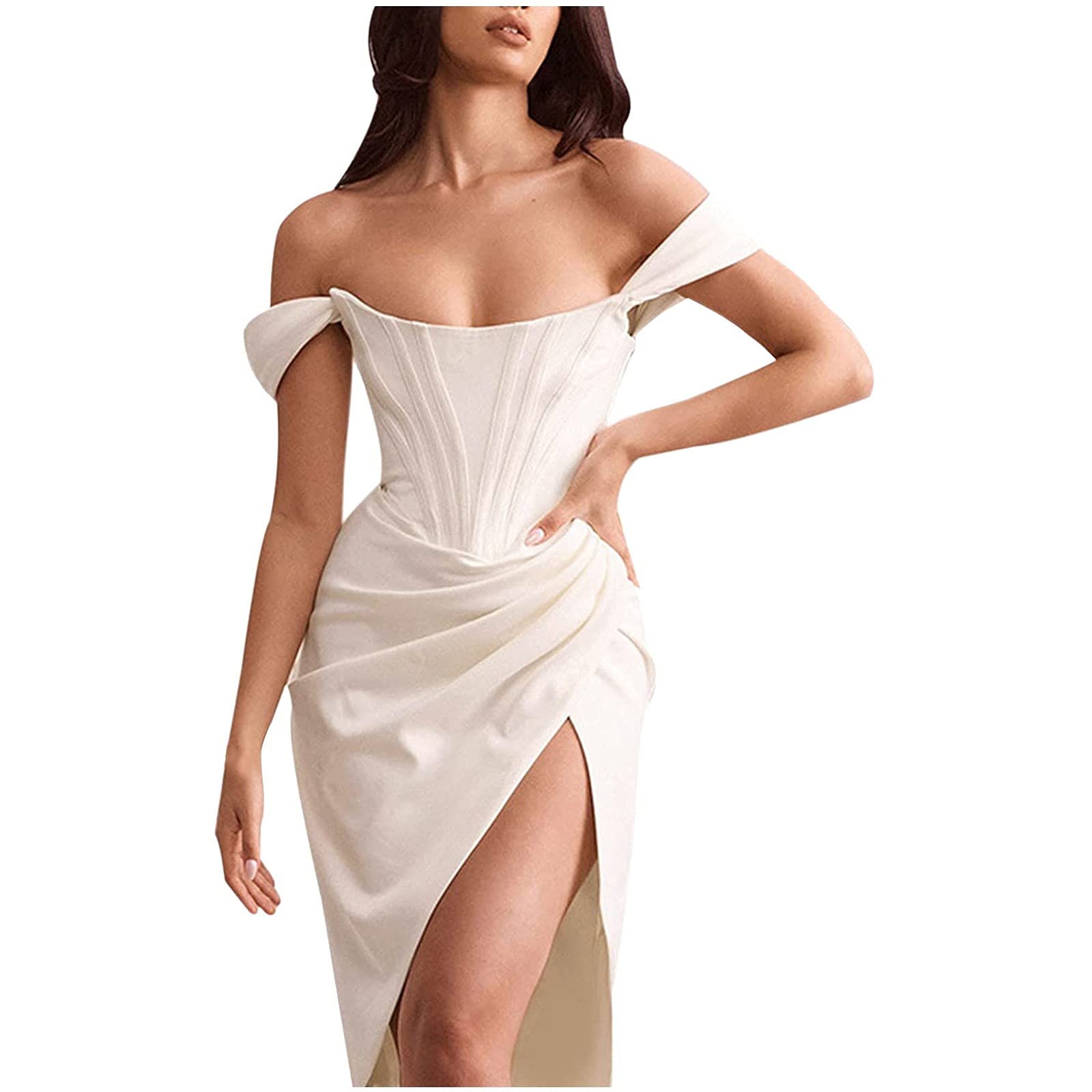 Summer Dresses for Women UK Women Elegant Off Shoulder Dress Push Up Midi Dress with High Slit Cocktail Wedding Guest Club Birthday Party Dresses Boho Dresses for Women UK
