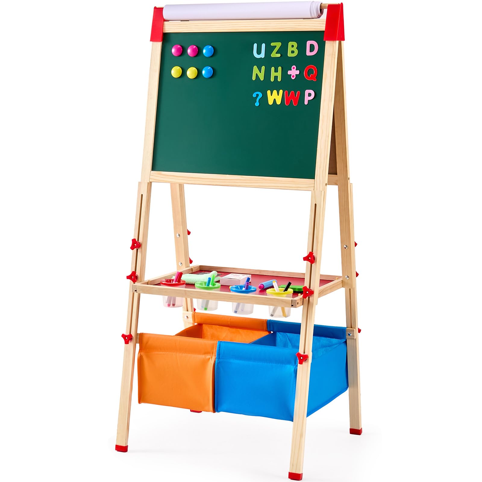 VEVOR Cavalletto da Arte per Bambini 3 in 1, Cavalletto da Arte in Legno a Doppia Faccia con Lavagna Magnetica e Rotolo di Carta, Tavolo da Disegno Regolabile con Accessori per Pittura per Ragazzi