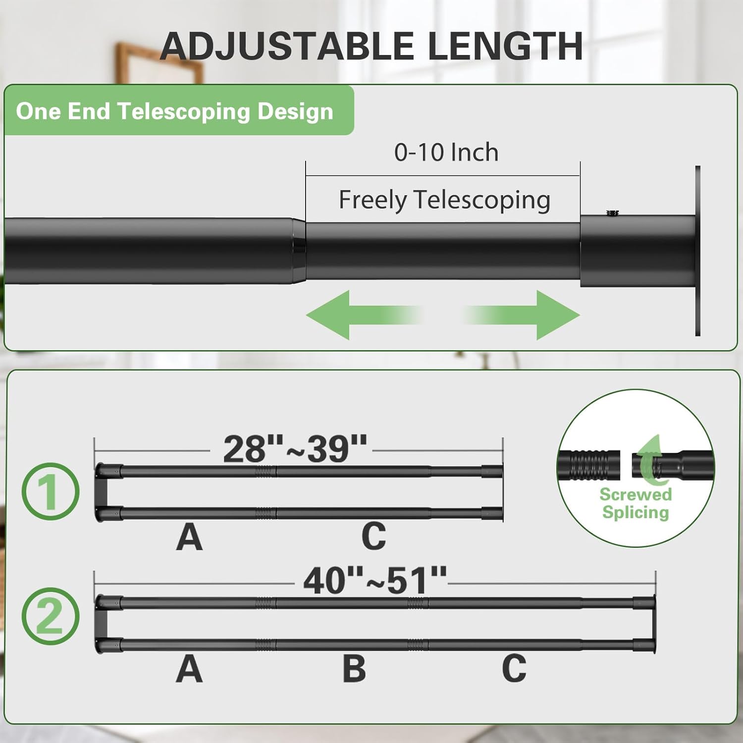 Double Shower Curtain Rod, Adjustable 28 to 51 Inches Wall Mounted Double Shower Rod Rustproof, Black Shower Curtain Pole for Bathroom, Laundry Room, Bathtub and more 28"-51" Black