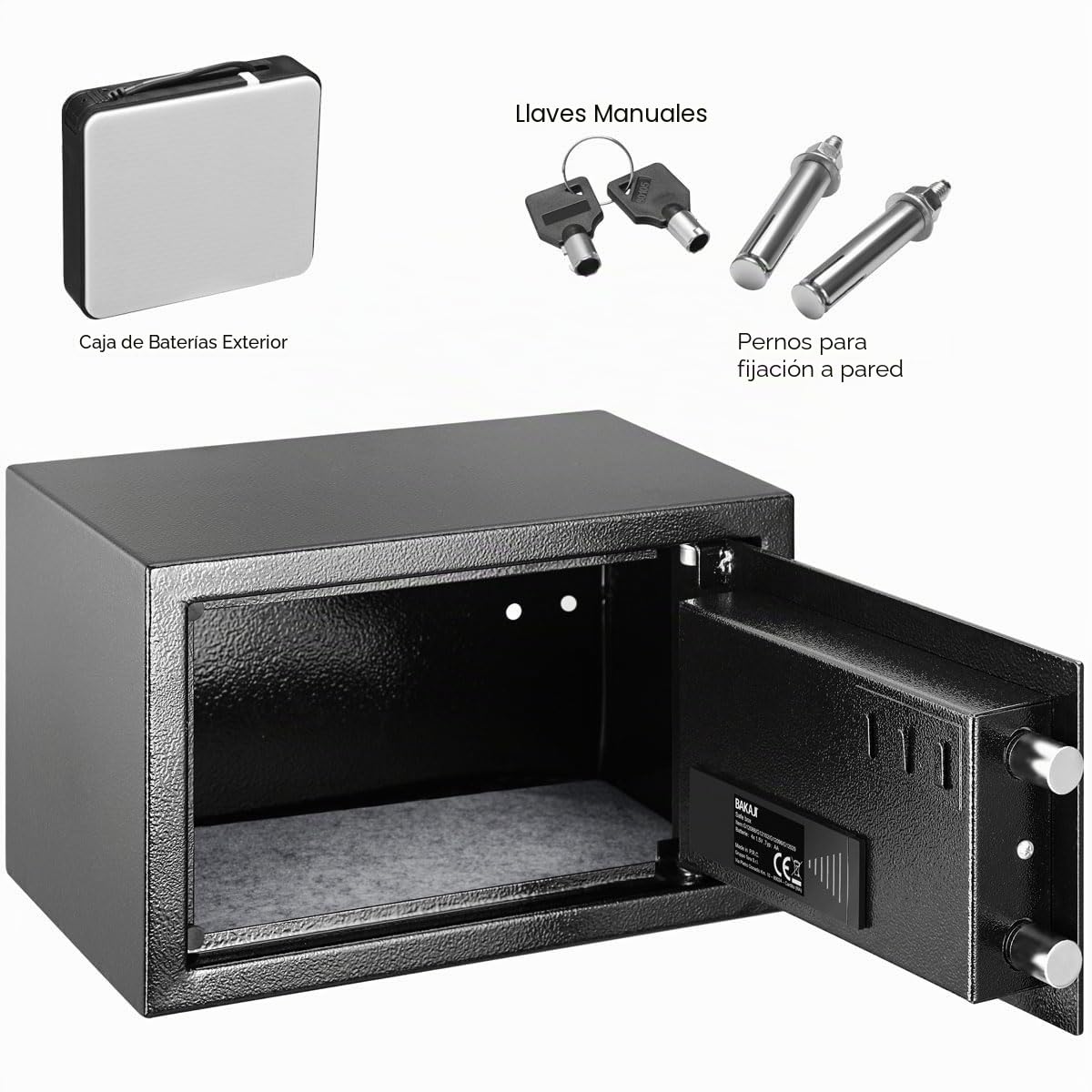 BAKAJI Caja fuerte electrónica de seguridad con caja de batería externa, caja de valores y documentos antirrobo para casa, hotel, instalación en pared o independiente, 31 x 20 x 20 cm (negro)