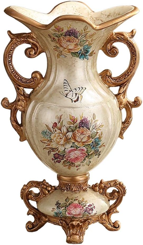 American-Style Retro Resin Large Vase for Living Dining Room Table Centerpiece Bedroom Office Hotel Home Decoration Hand-Painted Tall Flower Vases, Beige (34×16cm