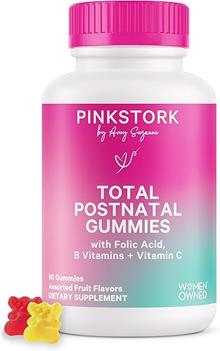 Pink Stork Gomitas posnatales totales: vitaminas diarias posparto + lactancia materna, nutrientes esenciales para mamá + bebé, vitaminas prenatales