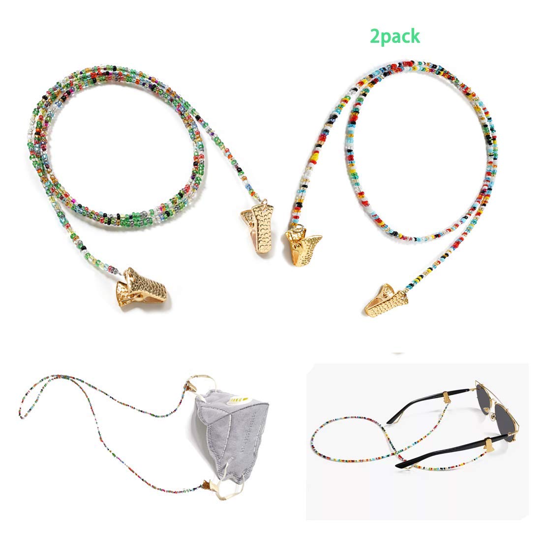 SvyaxfaLanyard Holder with Clasp Neck Strap Face Mask Chain Necklace for Mask for Kids Adults Comfortable Around The Neck 2pack Colorful Bead, 2pack Bead, 28in