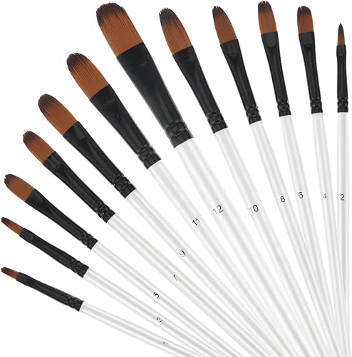 Juego de pinceles de pintura para artistas, 12 pinceles profesionales Filbert con puntas de nailon sintético, color blanco, pinceles de pintura al