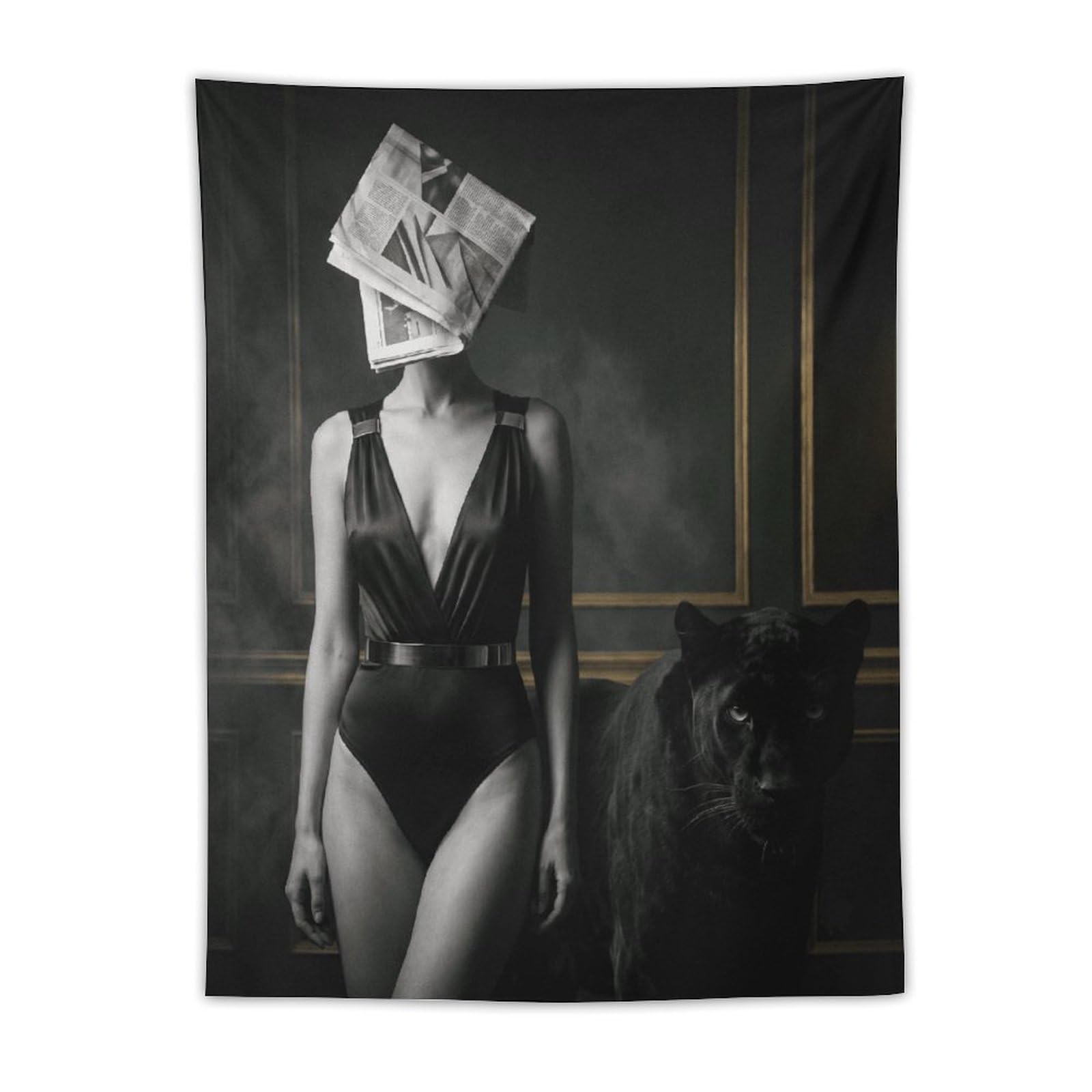 H3B8U2Y5 Newspaper Mask Woman Panther Wall Tapestry, College Dorm