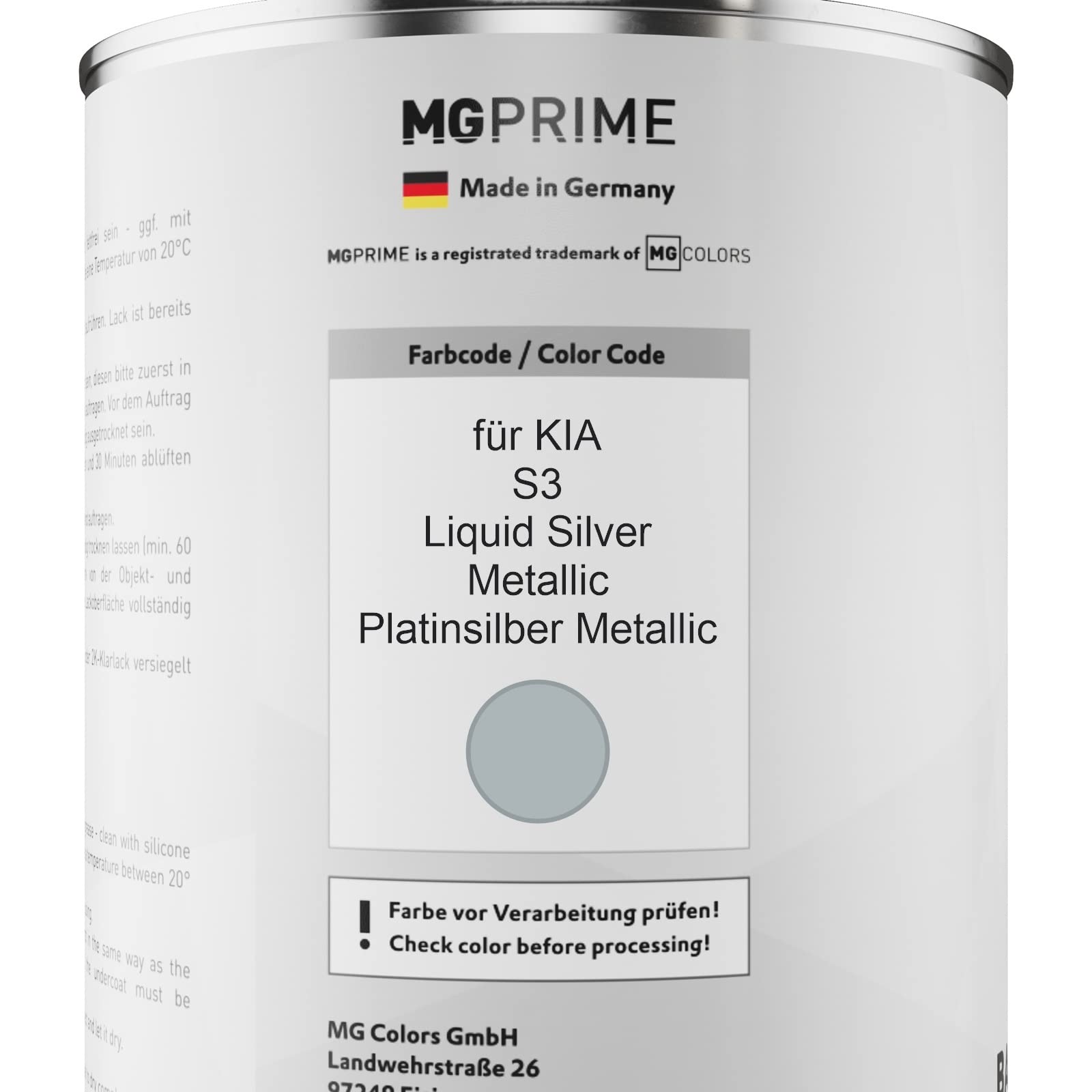 MG PRIME Lakier samochodowy Zestaw puszek dla KIA S3 Liquid Silver Metallic/Platinsilber Metallic Lakier bazowy 2K Utwardzacz do lakieru bezbarwnego gotowy do natrysku 2,5L