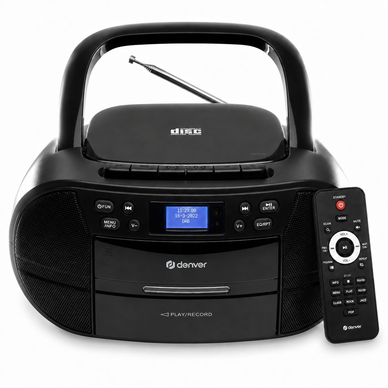 dab portable cd player and cassette player boombox, cd radio player clock and dual alarm fm radio aux in usb mains or battery power with remote control - tdc-280 black