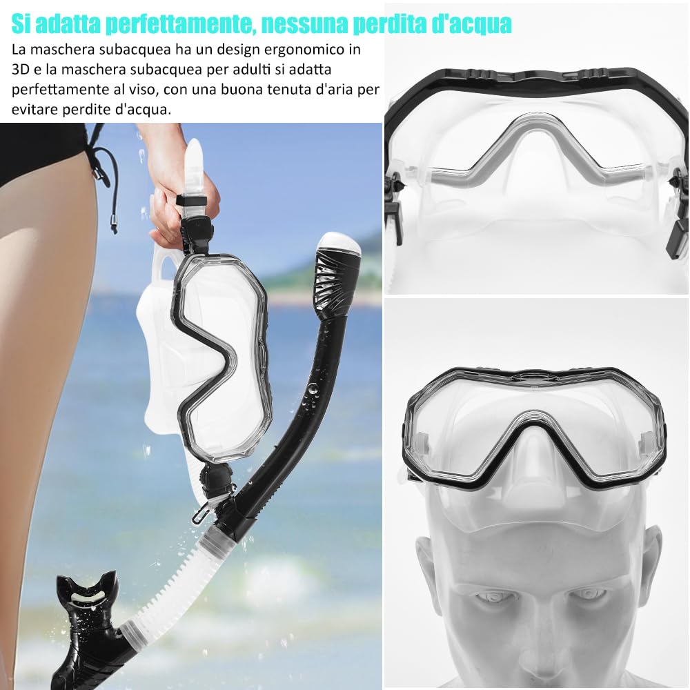 Set per Snorkeling Adulti con Maschera e Silicone Boccaglio,Lente PC Maschera Subacquea,180°Maschere Immersione,Anti-Fog Anti-Perdite Kit Snorkeling Giovani Adulto Donna Uomo