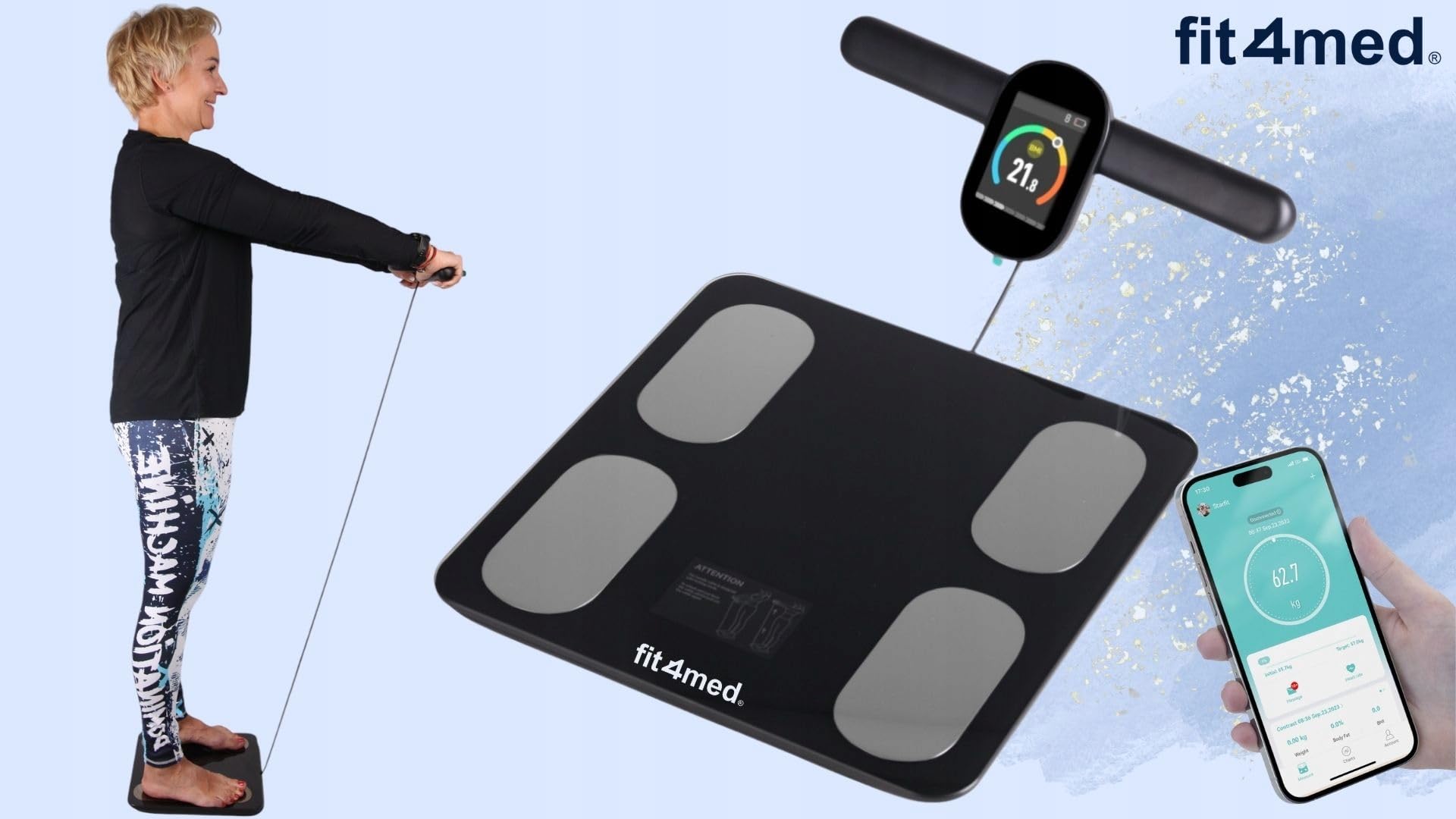 Inteligentna Waga z Analizą Składu Ciała, Czarna, Bluetooth, Szkło Hartowane, 31x35x5cm, Ładowalna Bateria 500mAh, Pomiar do 180kg