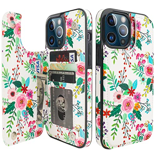 Image of HAOPINSH for iPhone 13 Pro Max Wallet Case with Card Holder, Colorful Florals Pattern Back Folio Flip PU Leather Kickstand Card Slots Case, Double Magnetic Clasp Durable Shockproof Cover 6.7 inch
