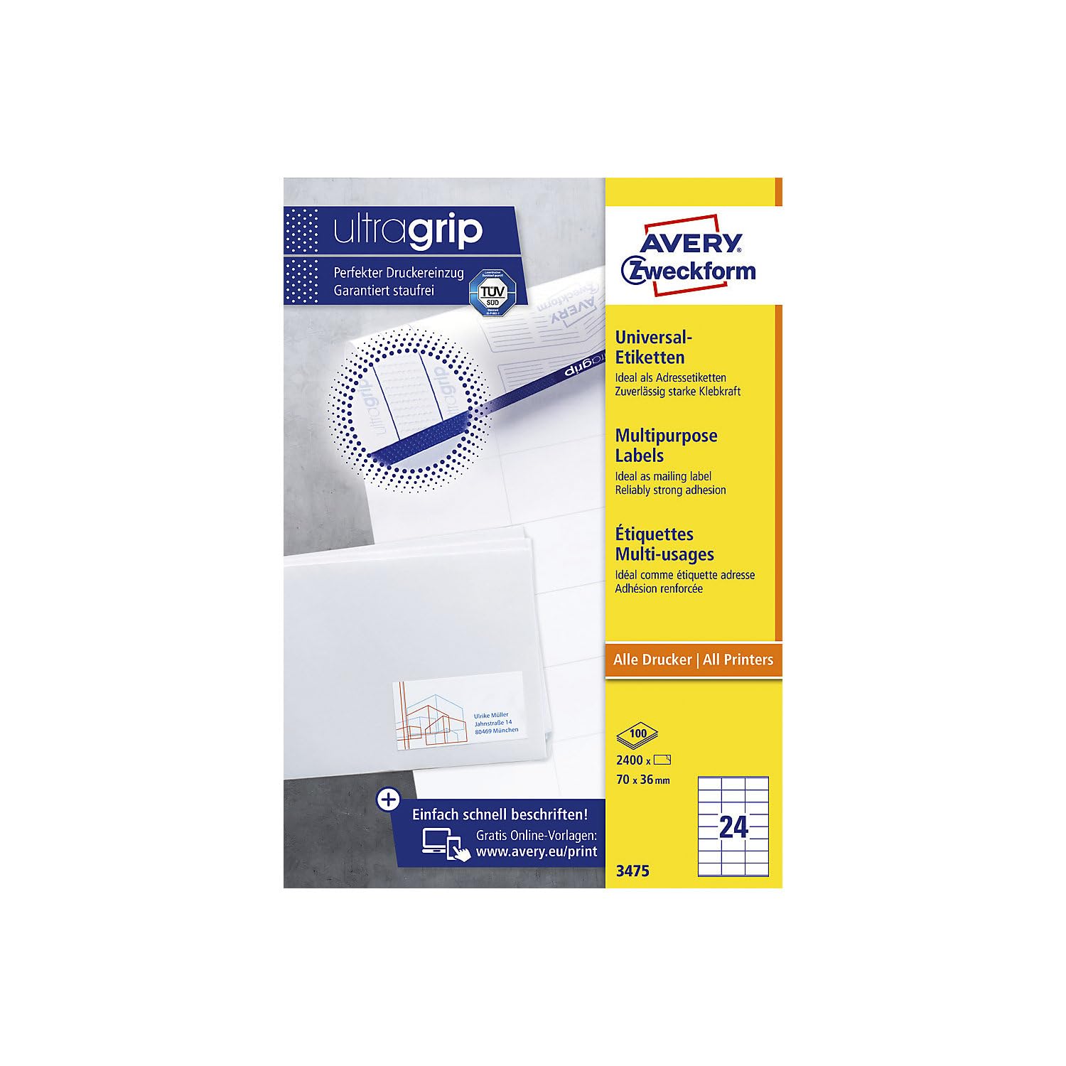 kaiserkraft | Universaletiketten permanent | Weiß | LxB 70 x 36 mm | 100 Bögen