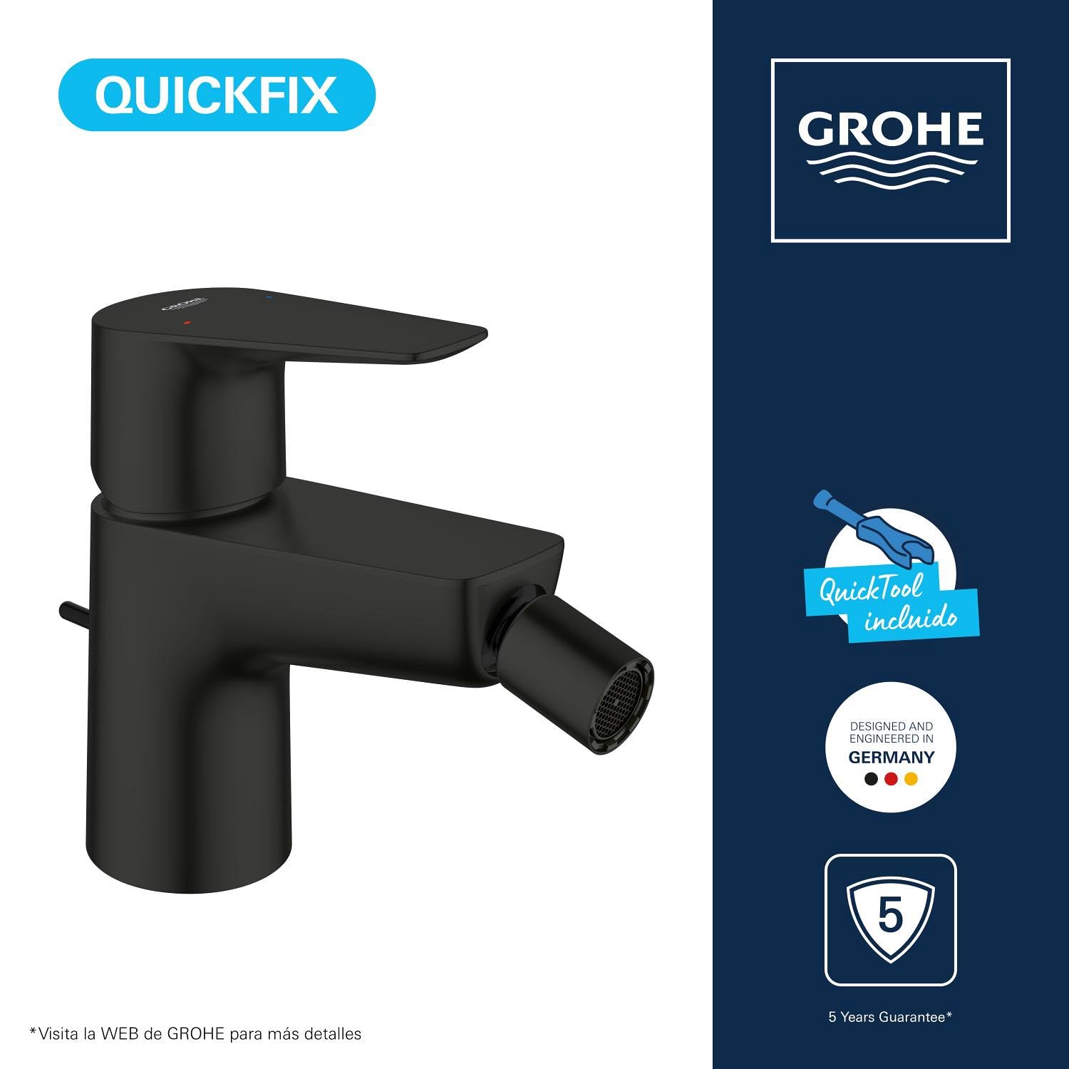 GROHE Start Edge QuickFix - Grifo de bidé con desagüe Pop-Up, cartucho cerámico 28mm, ahorro de agua, latiguillos 3/8", QuickTool incluido, Negro Mate, 233452431