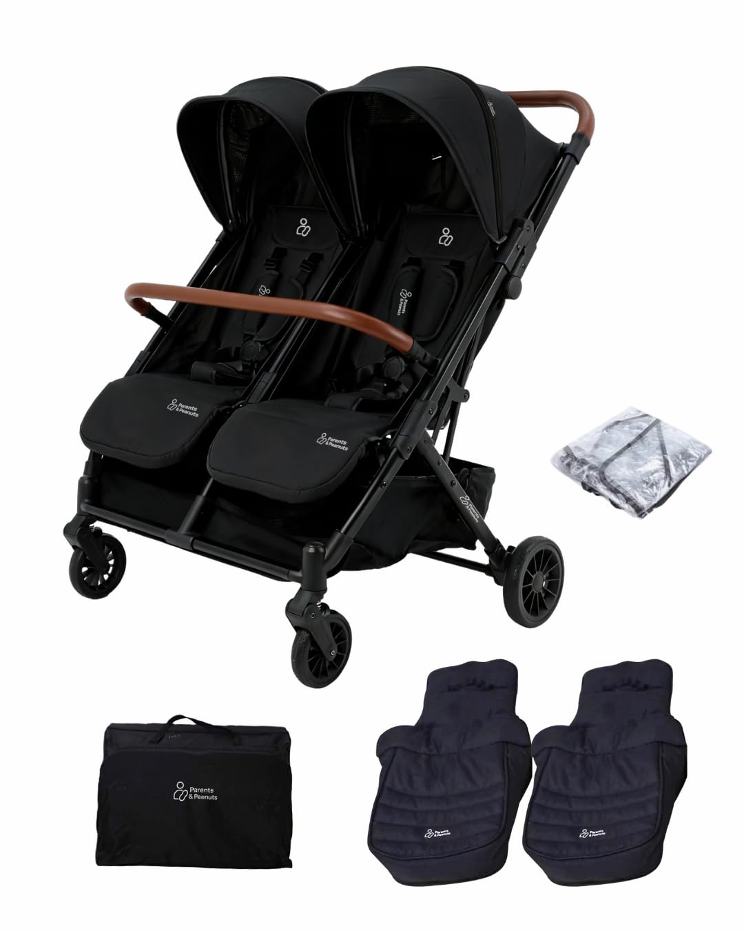 Parents & Peanuts Twin Pram, Luxury Double Pushchair for Twins, Includes Footmuffs, Rain Cover & Storage Basket, Compact Folding Stroller (Black)