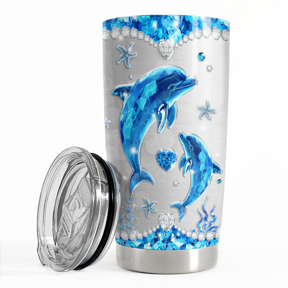 SANDJEST Dolphin Tumbler 20oz Stainless Steel Insulated Tumblers Coffee Travel Mug Cup Jewelry Drawings Style Gifts for Women Girls Teen Gift for