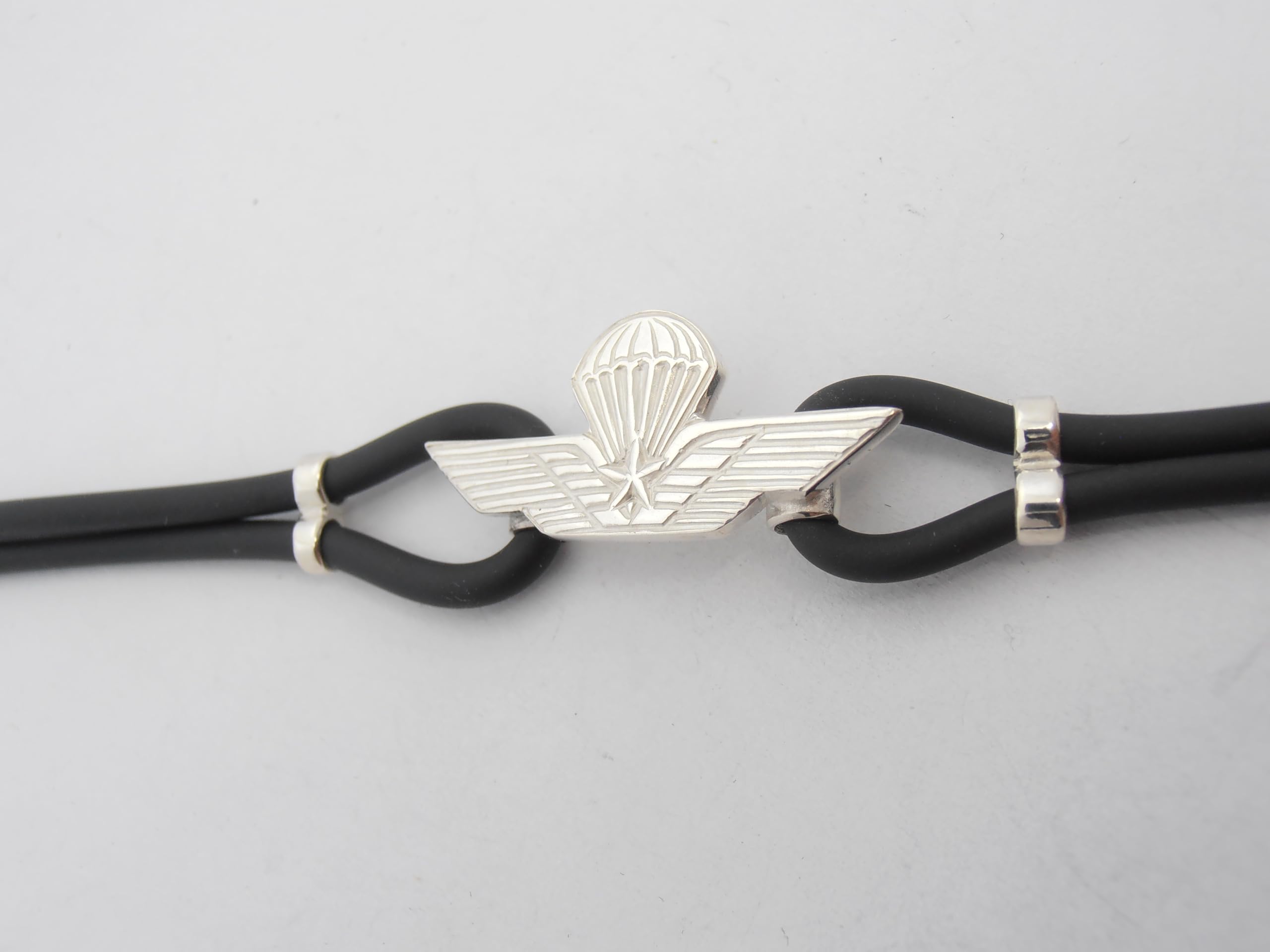 Paracadutisti : Braccialetto in Argento 925 e Caucciù - Bracciale con Simbolo dei Parà - Brevetto - Fregio - Stemma -