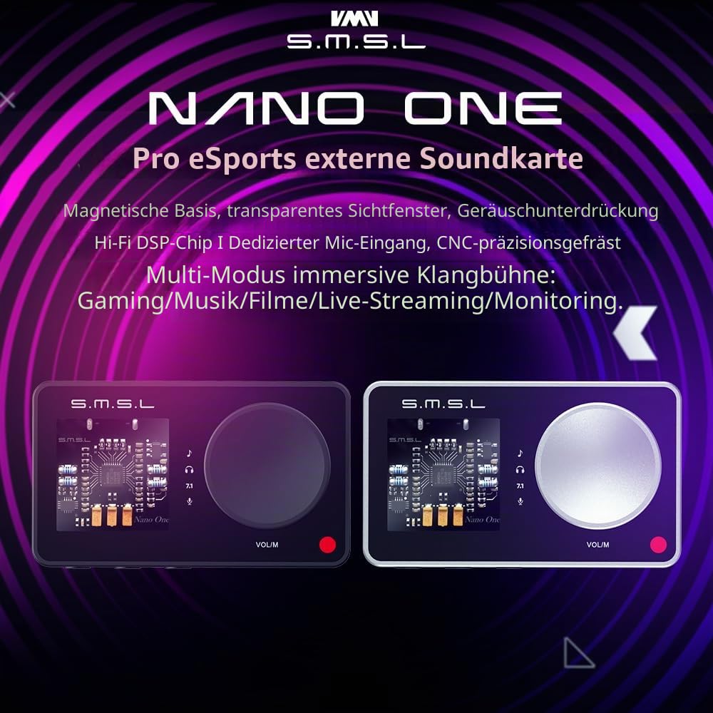 SMSL Nano One, externes Gaming-Soundkarten-Mikrofon/USB-Eingang, 3,5-mm-Kopfhörer-Ausgang, vier Modi: Musik/Spiel/7.1 Virtuell/Sprachverbesserung, verbindet sich mit Handys/Tablets/Computern (Schwarz)