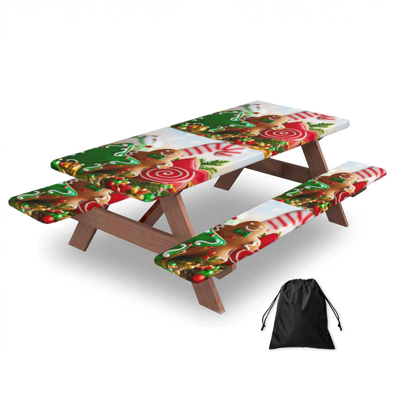 Yqxwjl Black Gingerbread Man Candy Print Camping Essentials Waterproof Camping Table And Bench Cover With Drawstring Bag 183 Cm