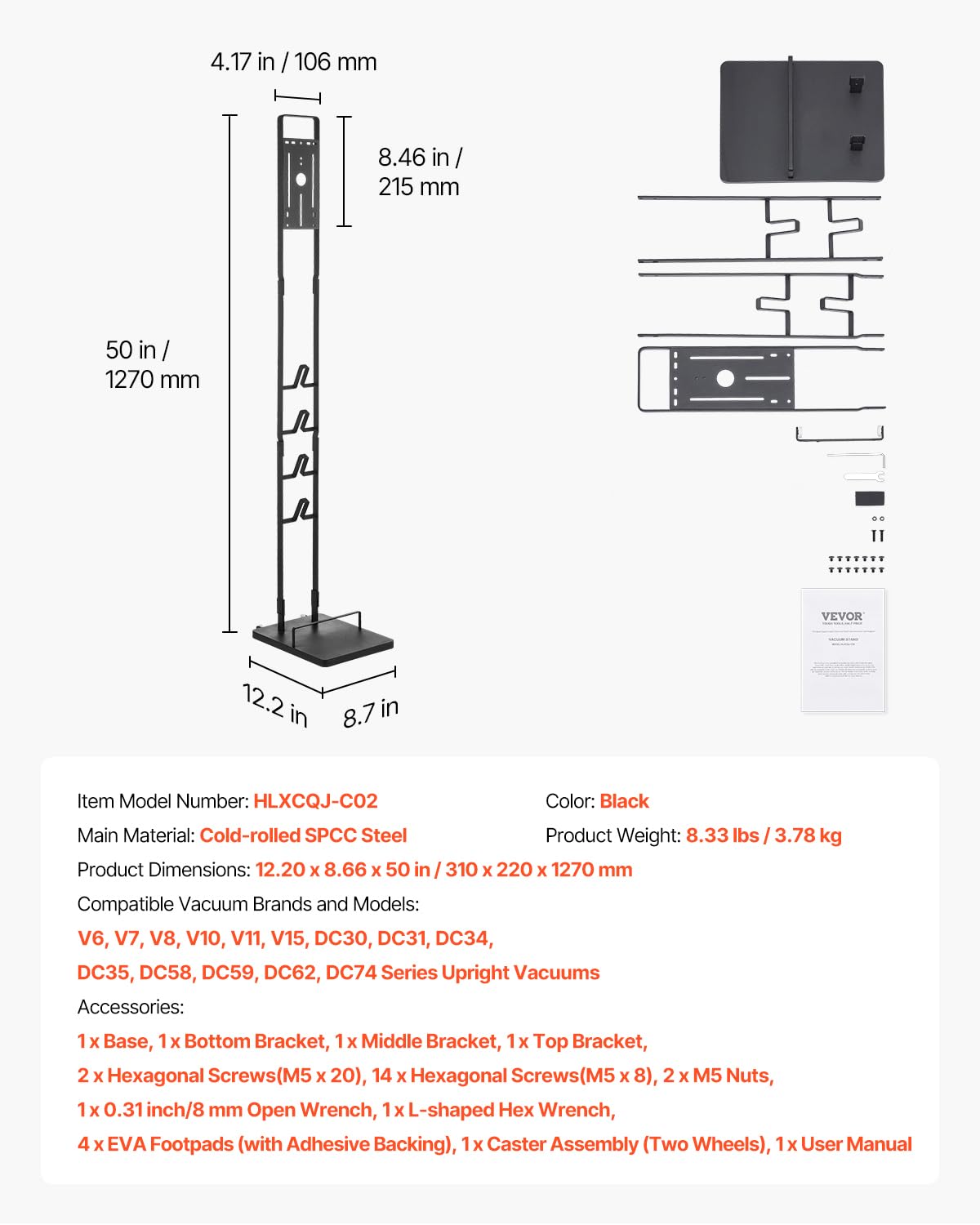 VEVOR Supporto per Aspirapolvere, Compatibile con Dyson V6 V7 V8 V10 V11 V15, Supporto per Aspirapolvere Stabile con Ruote per Aspirapolvere Verticali Senza Fili Dyson DC30 DC31 DC34 DC35 e Accessori