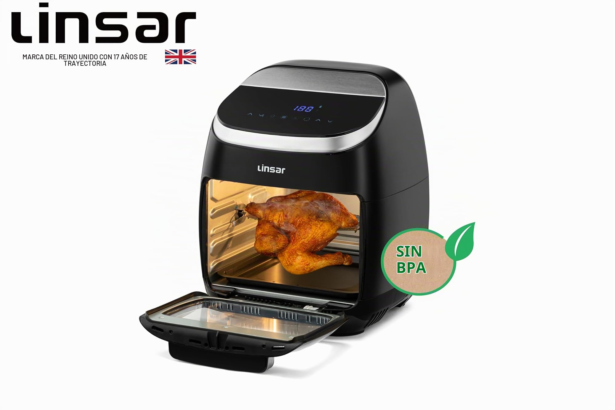 Linsar - Freidora de aire caliente de 11 litros, mini horno multifunción - Muchos accesorios, 2000 W, color negro