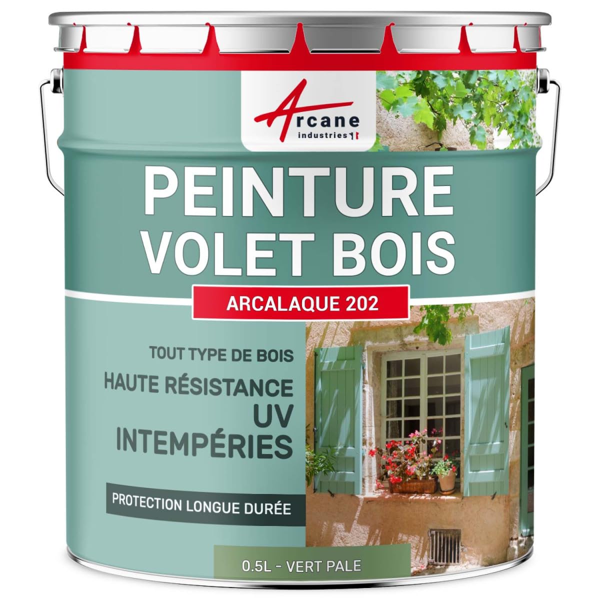ARCANE INDUSTRIES Peinture volet Bois extérieur - Résistance UV et intempéries - Haut Pouvoir Couvrant - ARCALQUE 202-​0.5 L Vert Pâle - RAL 6021