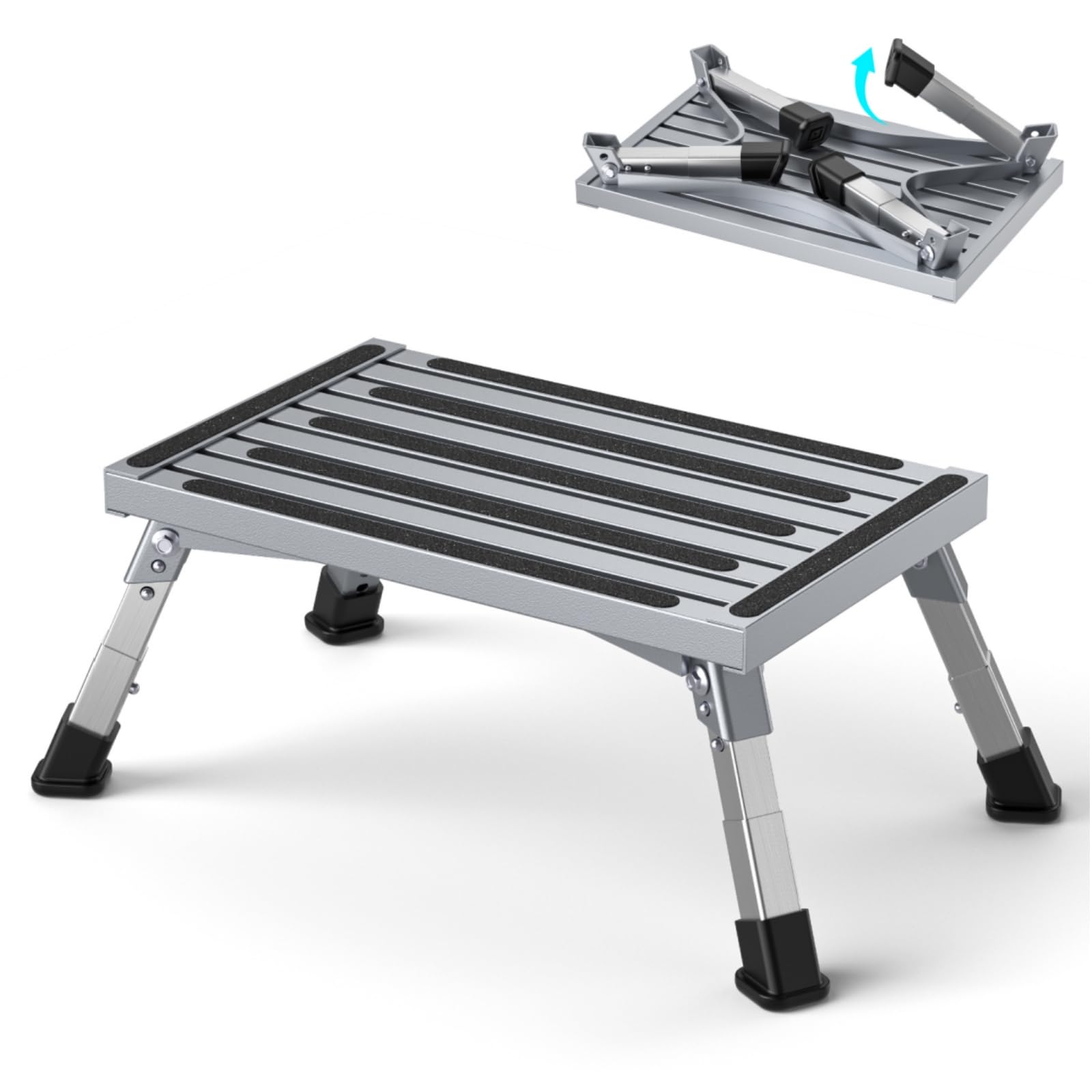 Escalera plegable de aluminio, 4 niveles de altura ajustable, 19 – 23 cm, 350 kg de carga y antideslizante, para caravanas, jardín, camping, cocina, escalera para perros