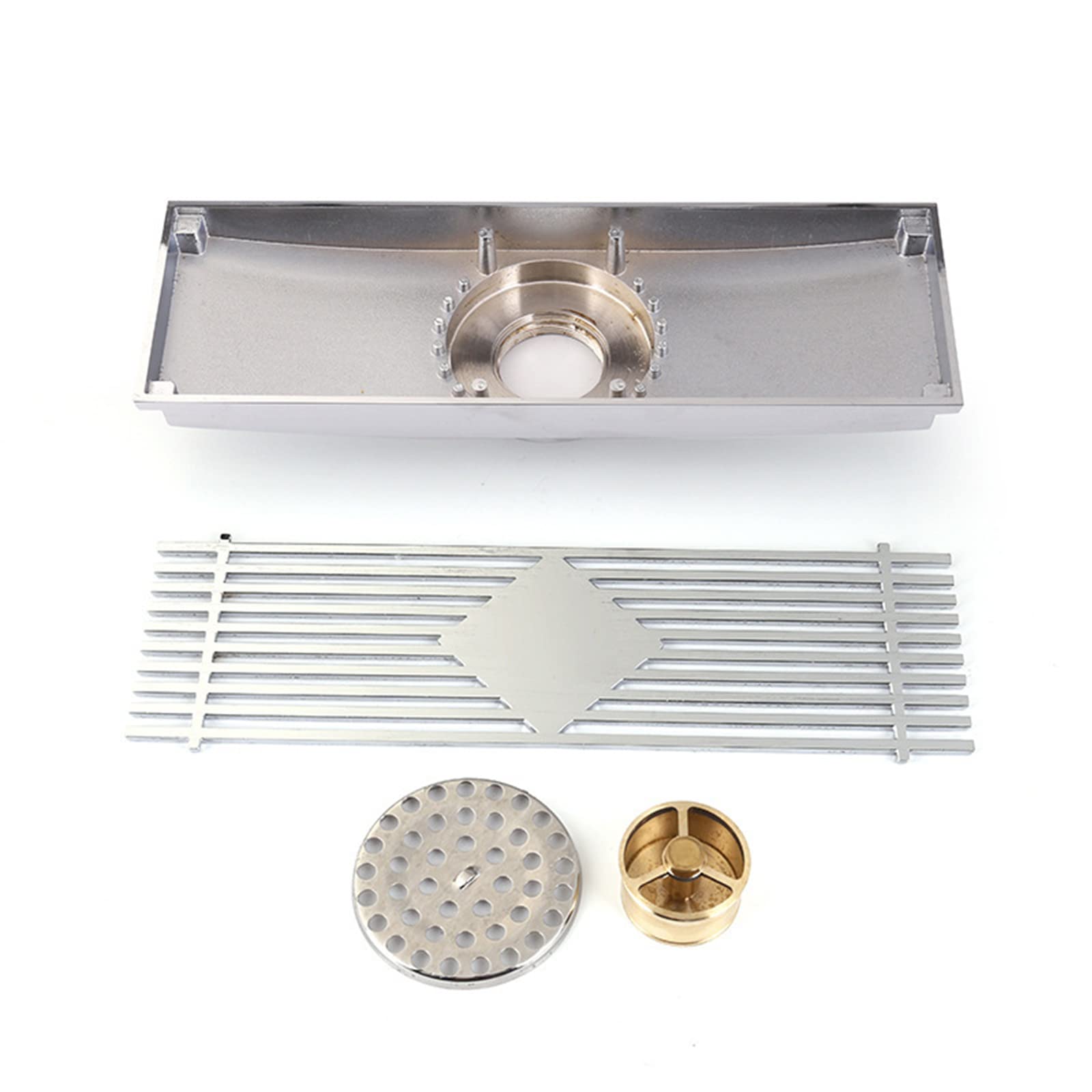 Scarico A Pavimento per Doccia Lineare, Scarico per Doccia in Ottone da 12 Pollici con Griglia di Copertura Rimovibile, Scarico A Pavimento per Bagno A Rettangolo Lungo,Brushed