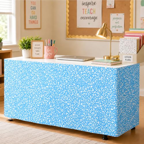 Image of 6FT Blue and White Composition Table Skirt Teacher Desk Skirt for Composition Notebook Classroom Decor Rectangle Table Cover for Back to School Party Supplies Kindergarten Office Bookcase Cabinet