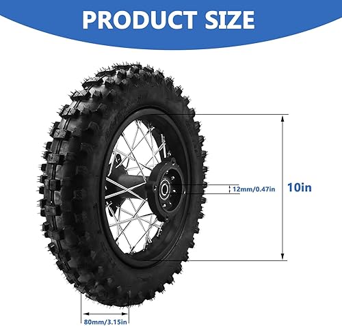 Miniatura 5 de 3.00-10 80100-10 Neumático de llanta trasera para bicicleta de cross con rodamiento de 0.472 in, disco de freno de 7.480 in y piñón de cadena