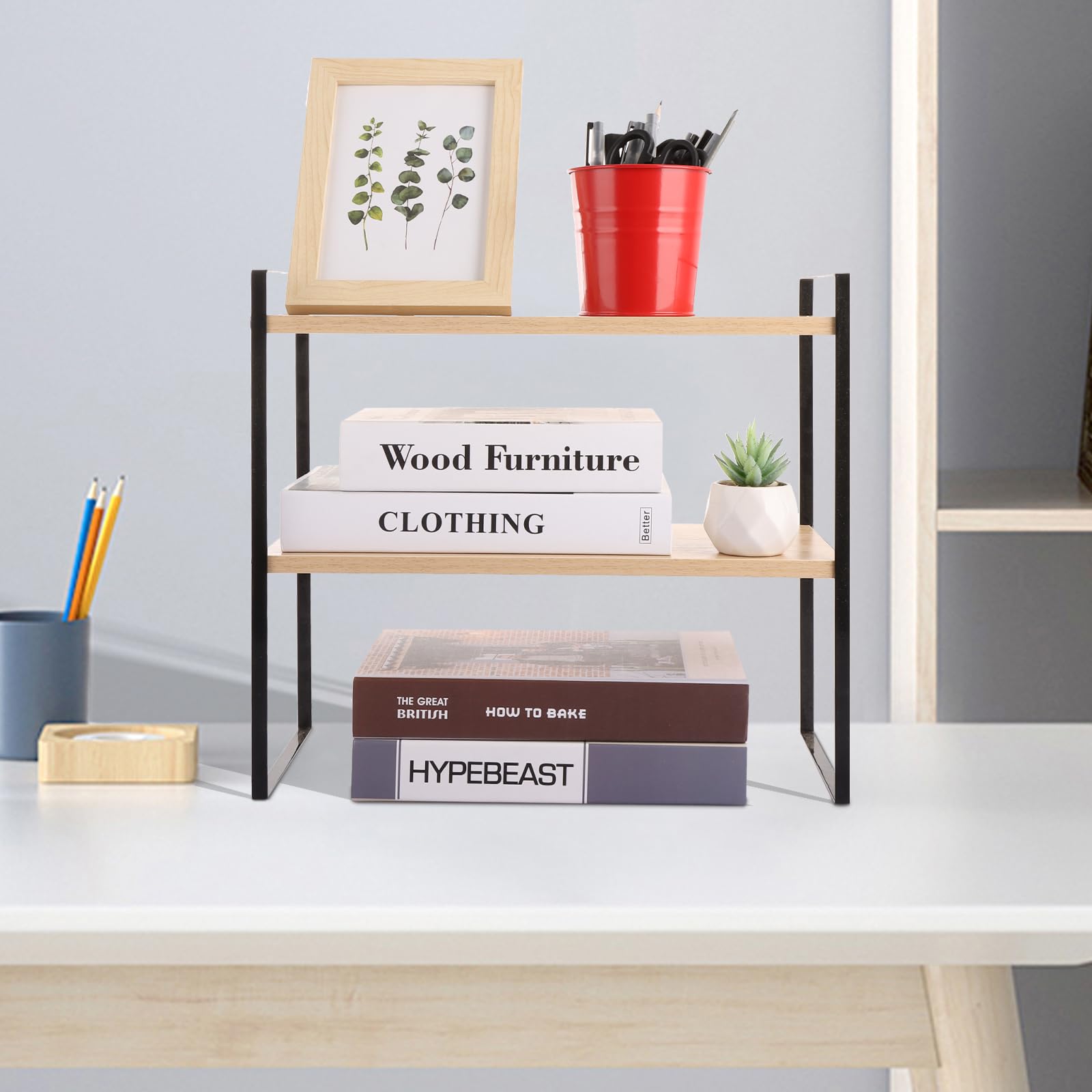 Organizador de escritorio de madera para oficina, suministros de escritorio de 2 niveles, bonito estante de almacenamiento de organización superior (negro)