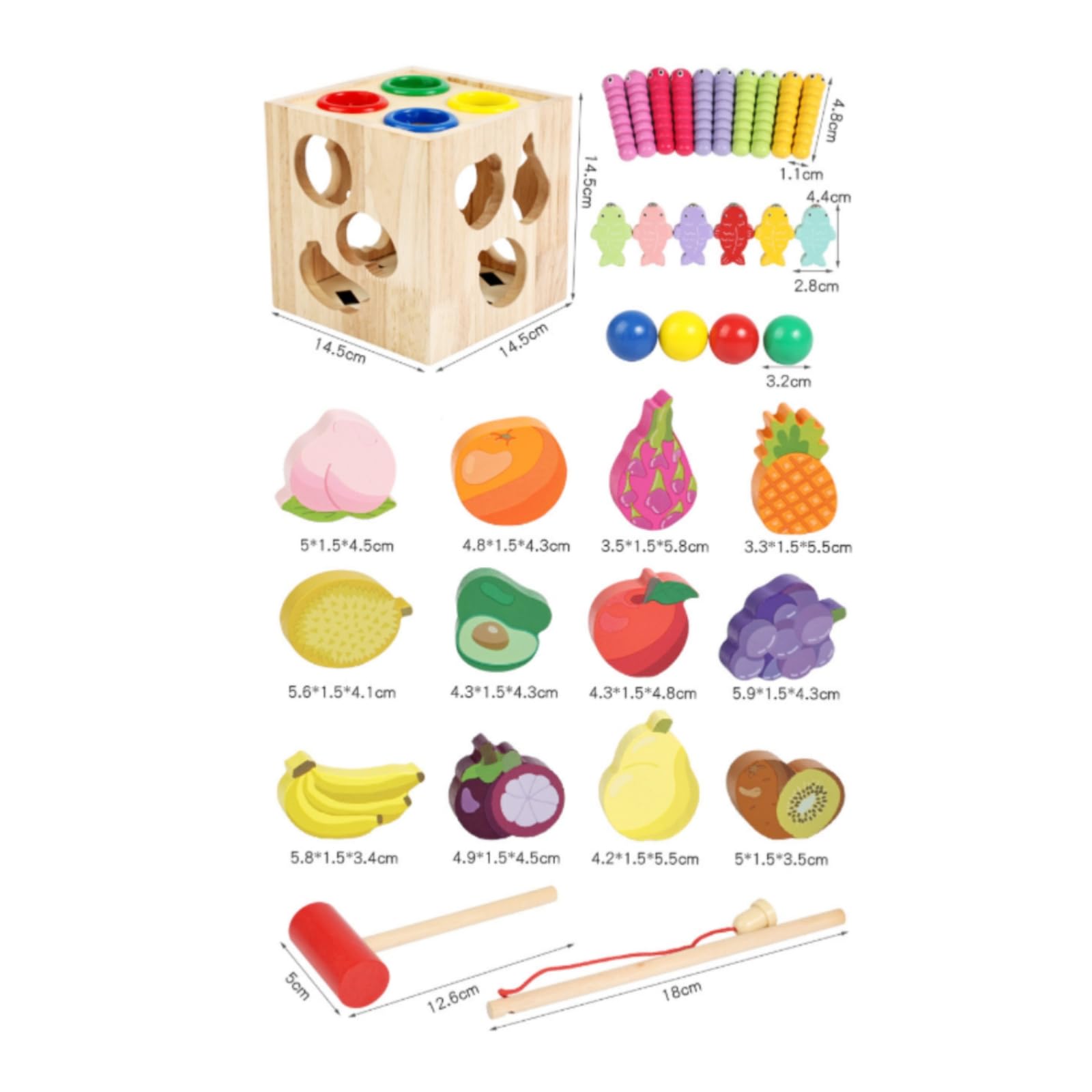 Blocchi Educativi Bambini Cubo attività Legno Cubo Sensoriale Multifunzionale Selezionatore Forme Frutta Martello in Legno Canna Pesca Pioli Superiori